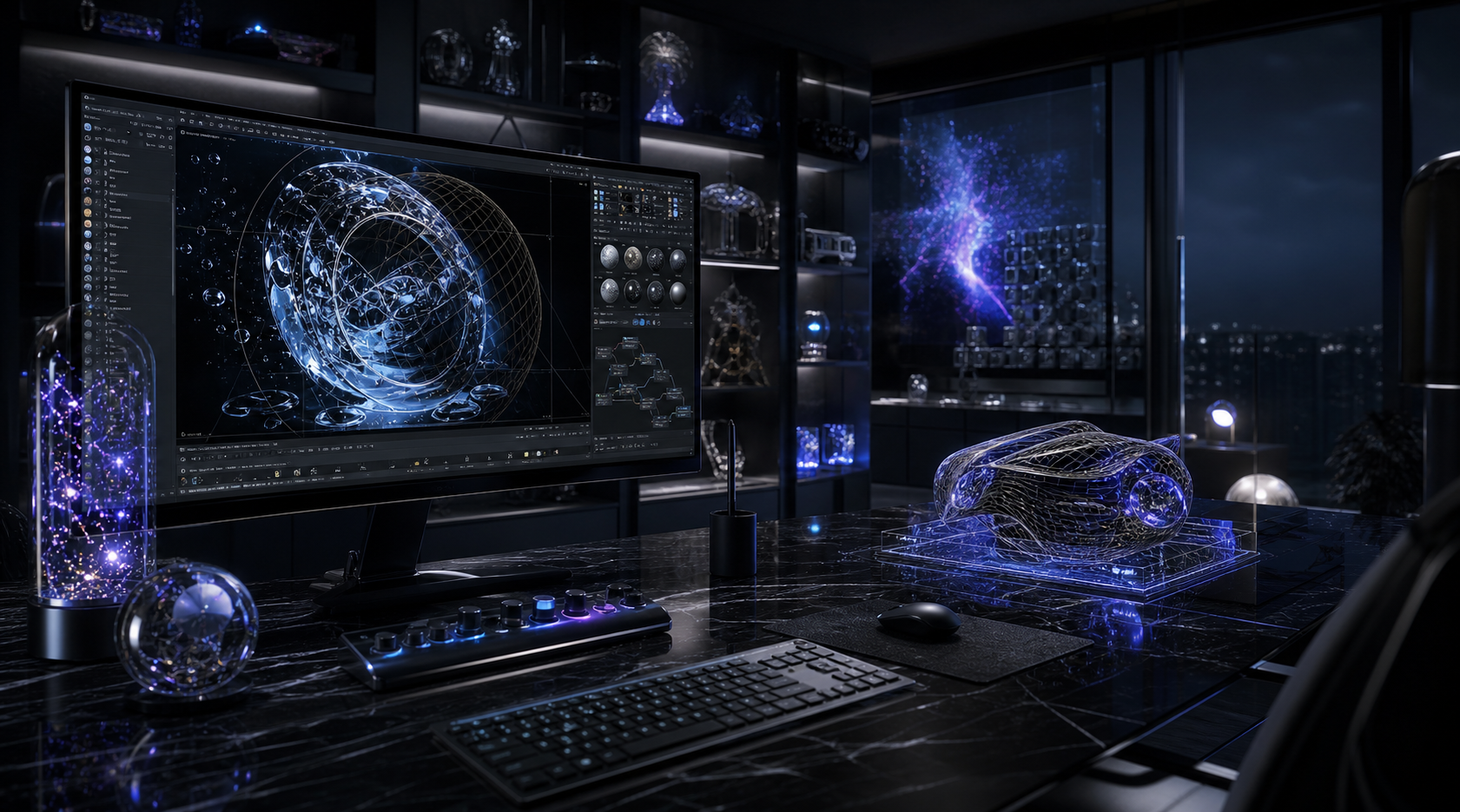 Dark CGI production workstation with glowing 3D objects