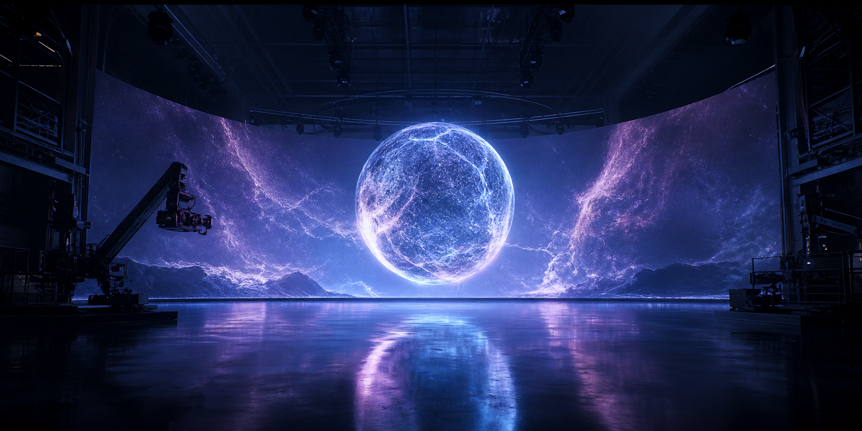 Cinematic virtual production studio with a glowing digital sphere